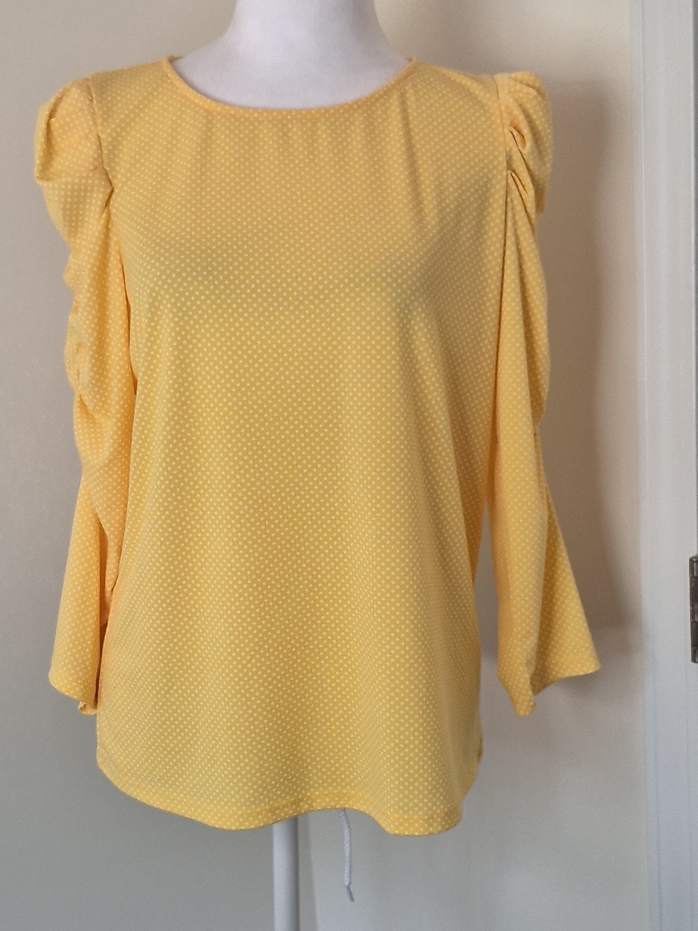 Adriana Papel Yellow Polka Dot Ruffle Sleeve Women's Top Size S